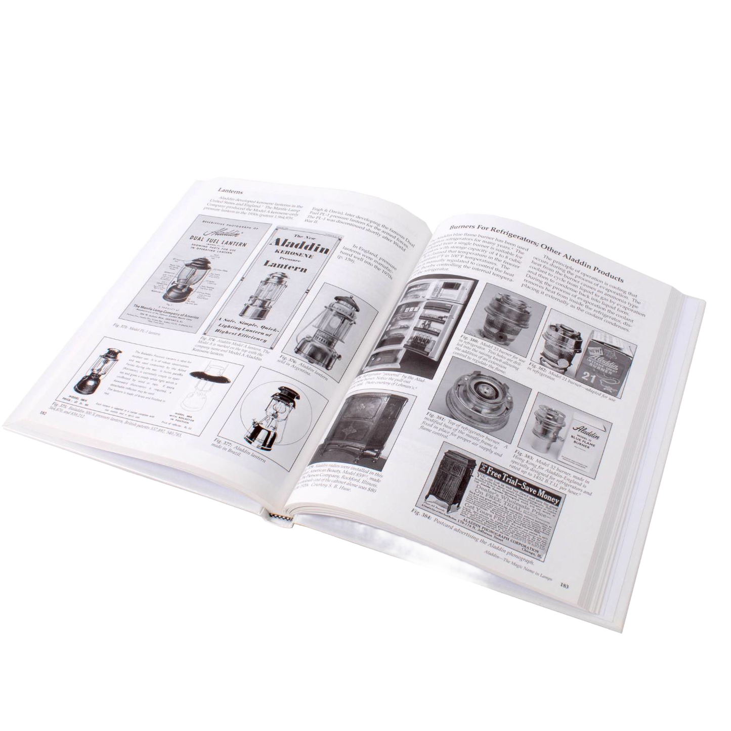 Open hardcover book displaying detailed black and white images and descriptions of vintage lamps and accessories, ideal for Toys, Books & Games, Heritage and Lifestyle Books, Best Sellers, and Promo Eligible collections.