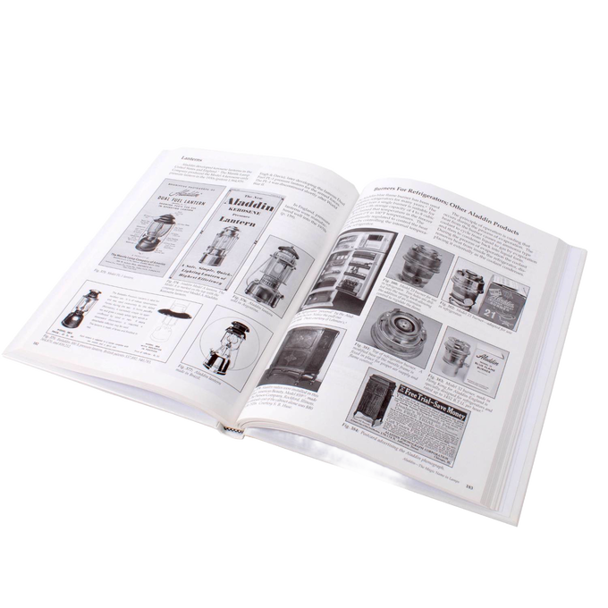Open hardcover book displaying detailed black and white images and descriptions of vintage lamps and accessories, ideal for Toys, Books & Games, Heritage and Lifestyle Books, Best Sellers, and Promo Eligible collections.