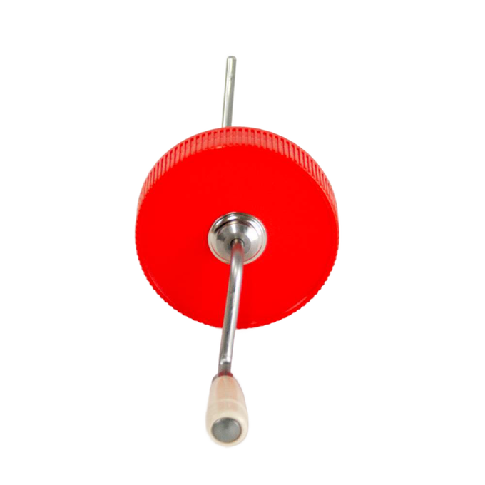 Vintage-style peanut butter stirrer with molded plastic knob and metal crank attached to a red lid, handcrafted in USA, perfect for Kitchen & Food, Food Prep, and USA Made collections.