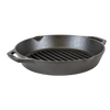 Round cast iron grill pan with dual handles and ridged cooking surface, crafted for even heat and excellent searing, ideal for Kitchen & Food, Cookware, and USA Made collections.