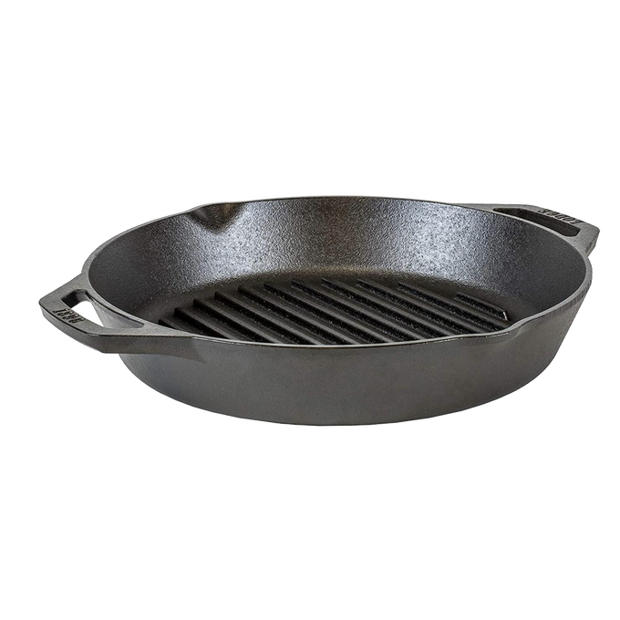 Round cast iron grill pan with dual handles and ridged cooking surface, crafted for even heat and excellent searing, ideal for Kitchen & Food, Cookware, and USA Made collections.