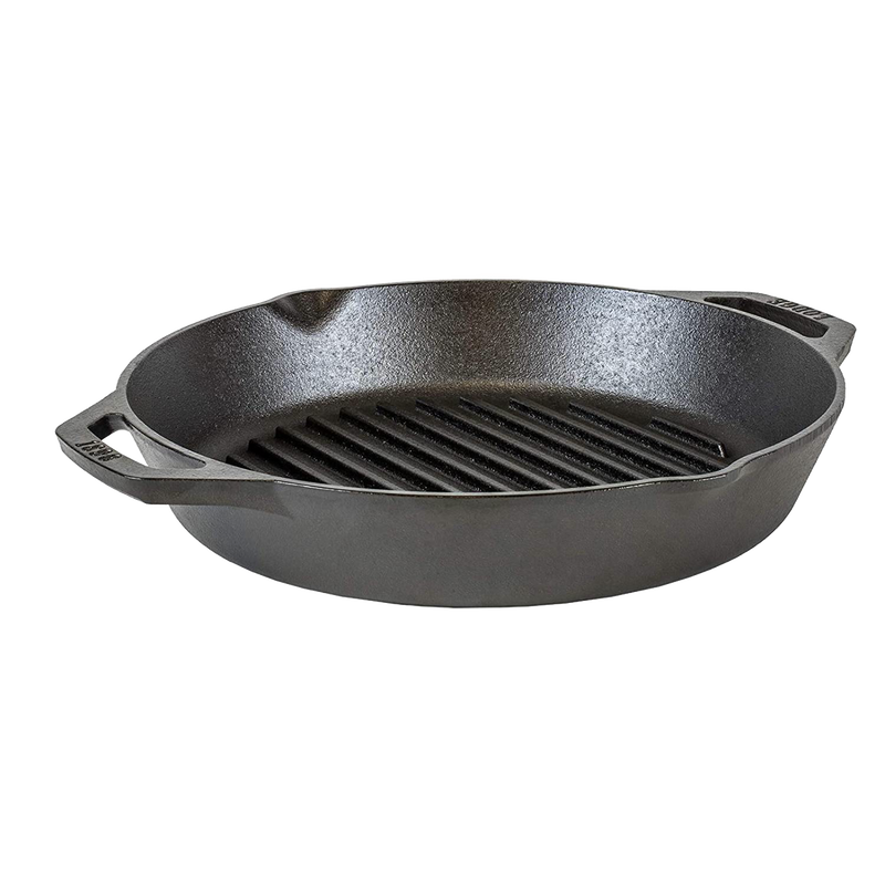 Round cast iron grill pan with dual handles and ridged cooking surface, crafted for even heat and excellent searing, ideal for Kitchen & Food, Cookware, and USA Made collections.