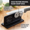 Compact knife sharpener with reinforced nylon base and dual sharpening wheels, demonstrating simultaneous blade sharpening, ideal for kitchen and food prep in USA Made collections