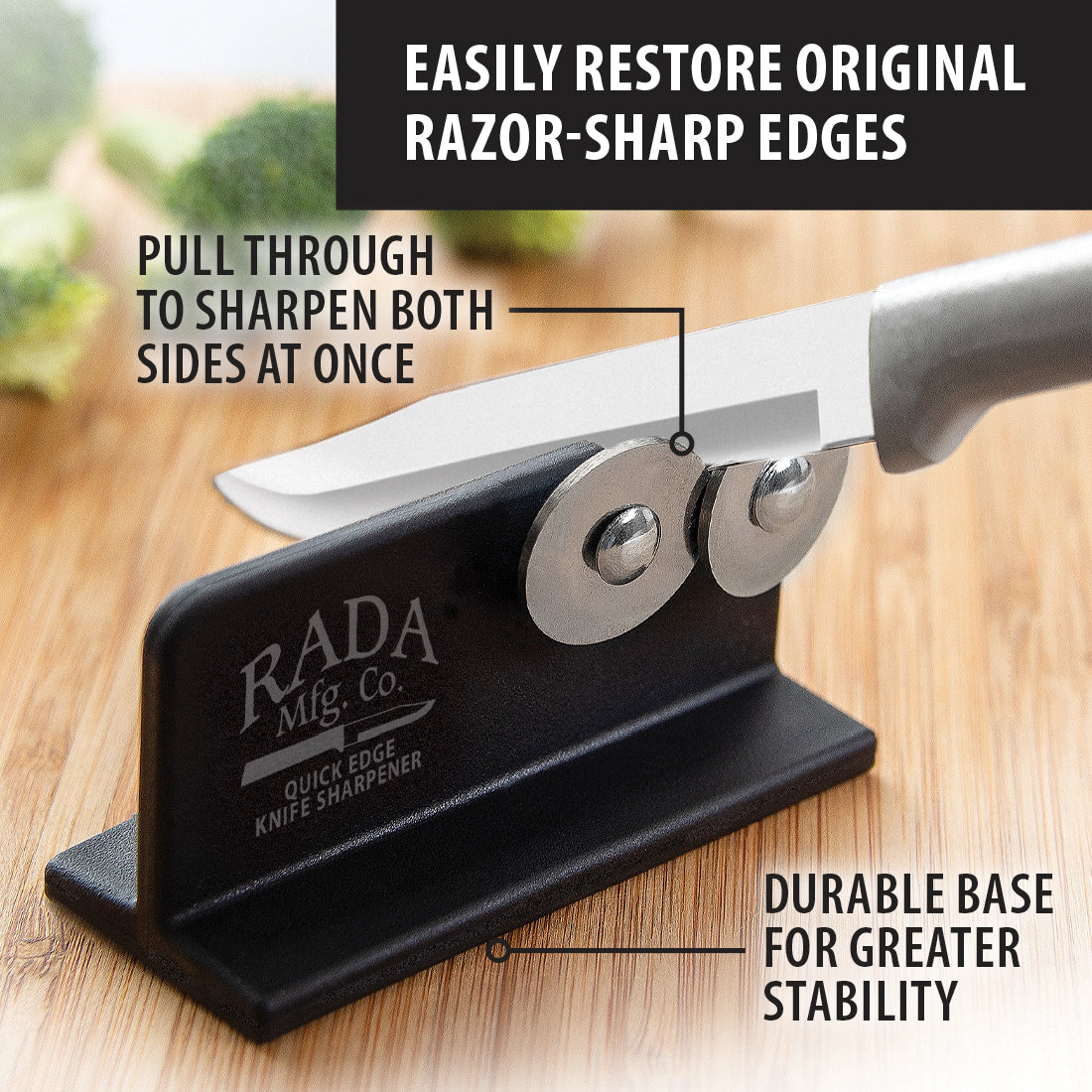 Compact knife sharpener with reinforced nylon base and dual sharpening wheels, demonstrating simultaneous blade sharpening, ideal for kitchen and food prep in USA Made collections