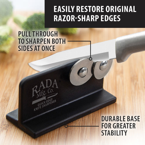 Compact knife sharpener with reinforced nylon base and dual sharpening wheels, demonstrating simultaneous blade sharpening, ideal for kitchen and food prep in USA Made collections