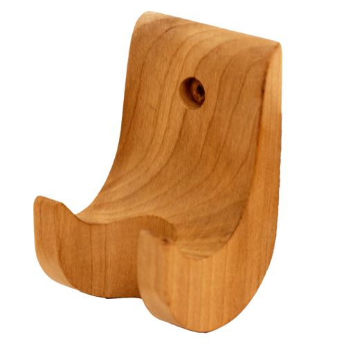 Handcrafted unfinished cherry wood holder with smooth finish and mounting hole for hanging, designed to display the Amish-made noodle cutter, fitting Kitchen & Food and Food Prep collections.