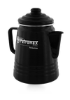 Glossy black enameled steel percolator with lid and spout, designed for brewing aromatic coffee or tea, suitable for camping and kitchen use, featured in Farm, Garden & Tool and Brewing Coffee and Tea collections.