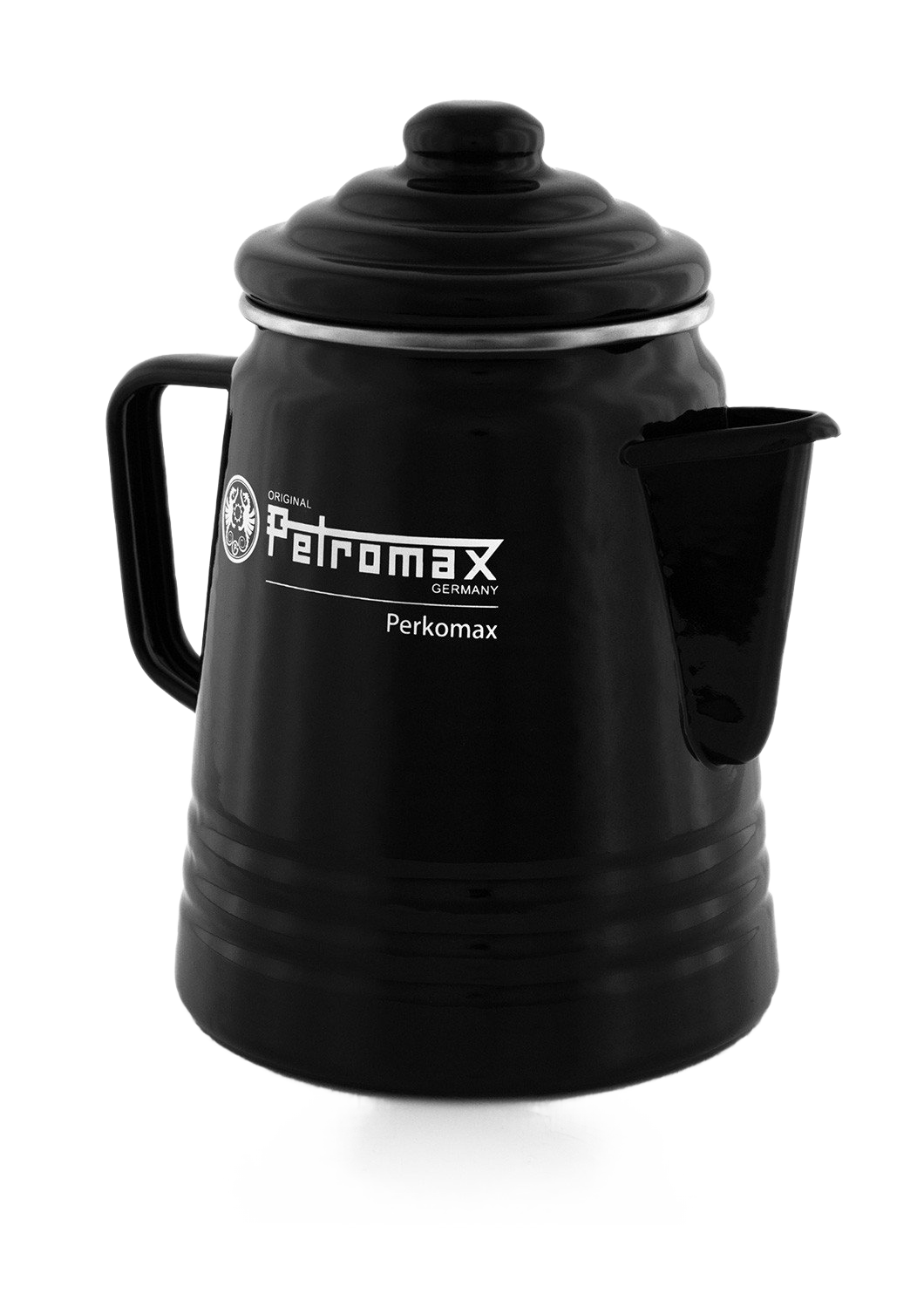 Glossy black enameled steel percolator with lid and spout, designed for brewing aromatic coffee or tea, suitable for camping and kitchen use, featured in Farm, Garden & Tool and Brewing Coffee and Tea collections.