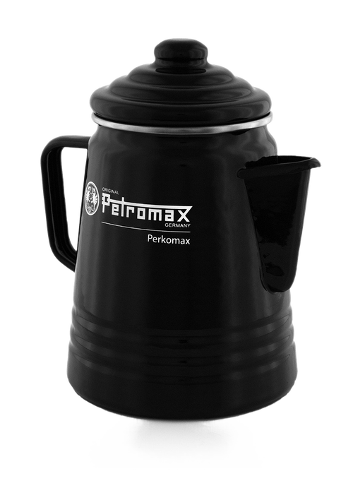 Glossy black enameled steel percolator with lid and spout, designed for brewing aromatic coffee or tea, suitable for camping and kitchen use, featured in Farm, Garden & Tool and Brewing Coffee and Tea collections.