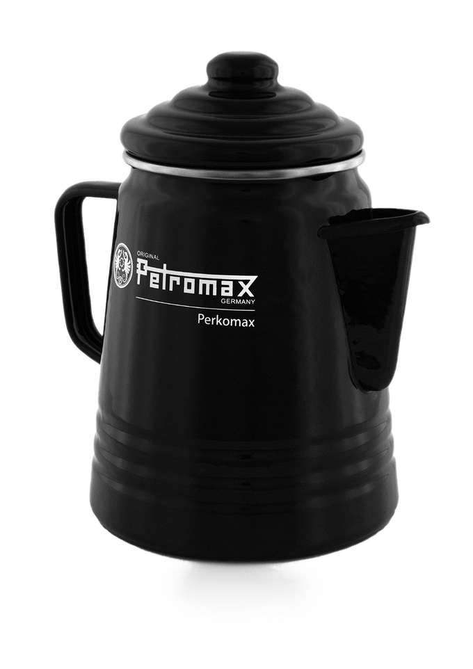 Glossy black enameled steel percolator with lid and spout, designed for brewing aromatic coffee or tea, suitable for camping and kitchen use, featured in Farm, Garden & Tool and Brewing Coffee and Tea collections.