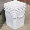 Stack of three white plastic buckets with lids and metal handles, suitable for storing homemade laundry soap ingredients, crafted for homesteading and laundry supplies in USA-made quality.