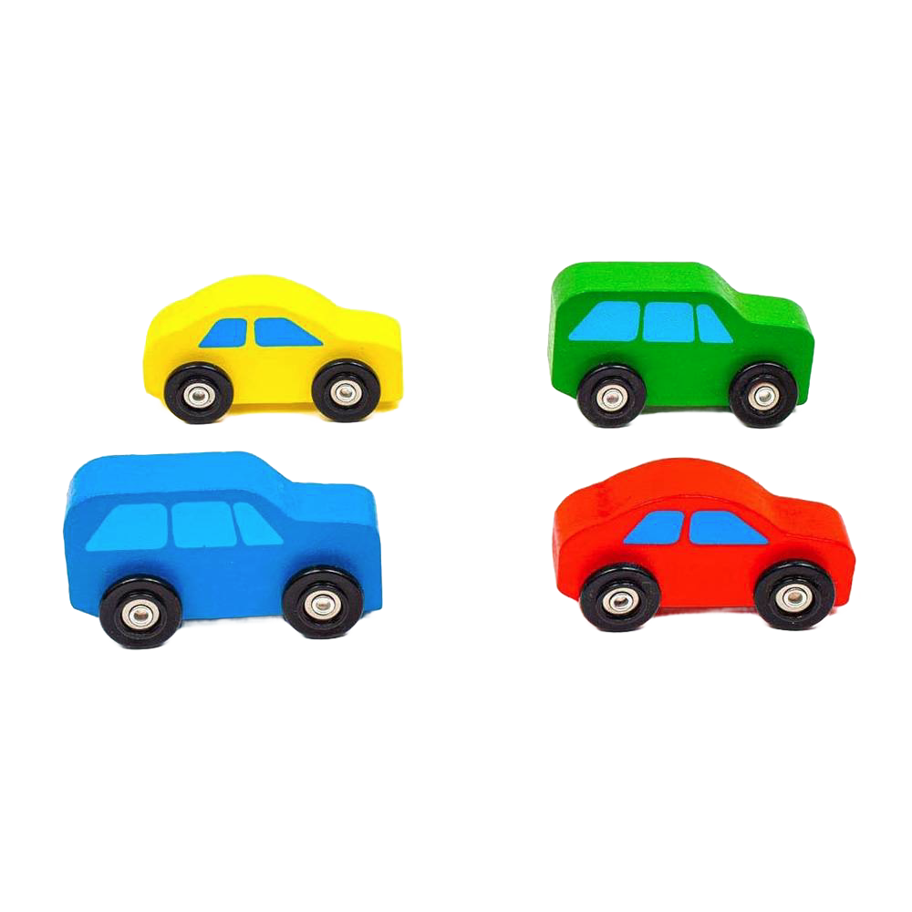 Four handcrafted wooden toy cars in bright yellow, green, blue, and red, designed for children's indoor play within wooden toys and best sellers collections.