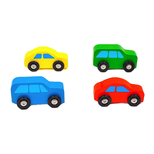 Four handcrafted wooden toy cars in bright yellow, green, blue, and red, designed for children's indoor play within wooden toys and best sellers collections.