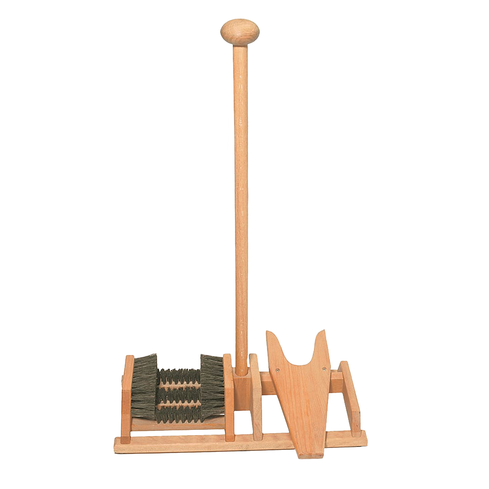 Handcrafted oak bootscraper with sturdy arenga bristles and built-in bootjack for easy removal, designed to clean muddy boots without bending, ideal for Health & Wellness and Home & Decor.