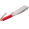 Large stainless steel garden trowel with a pointed blade and red plastic grip handle, designed for digging and cultivating in farm and garden settings, made in USA.