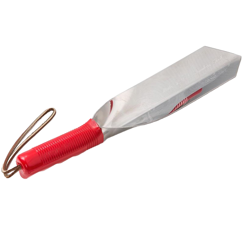 Large stainless steel garden trowel with a pointed blade and red plastic grip handle, designed for digging and cultivating in farm and garden settings, made in USA.