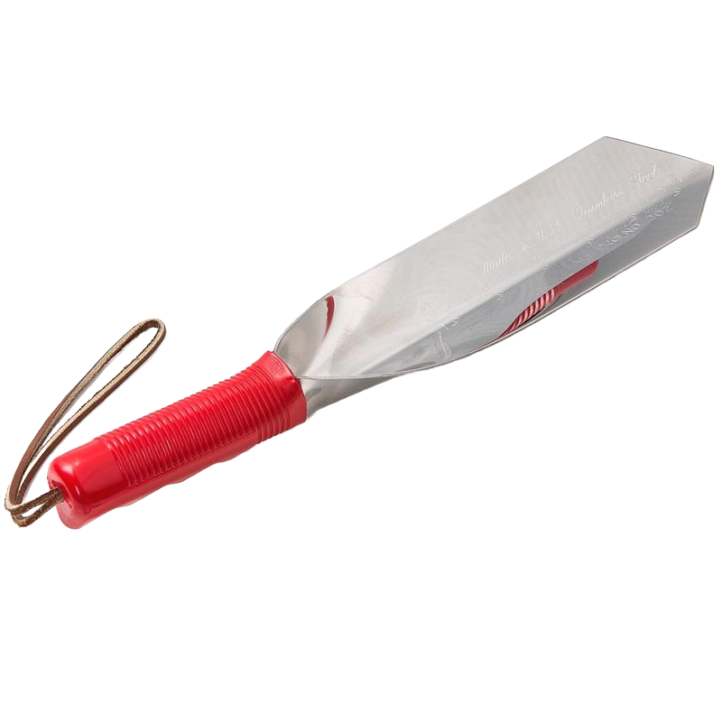 Large stainless steel garden trowel with a pointed blade and red plastic grip handle, designed for digging and cultivating in farm and garden settings, made in USA.