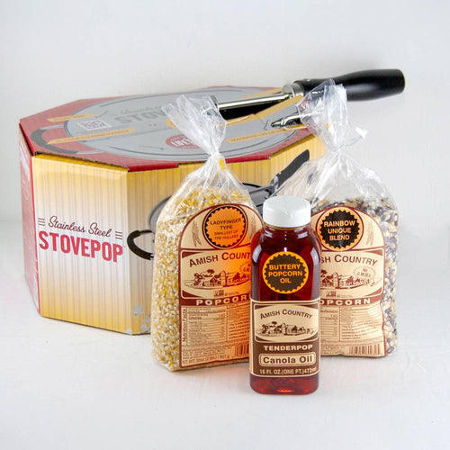 Handcrafted Amish-made popcorn gift set featuring stainless steel stovetop popper, two varieties of popcorn kernels, and canola oil, ideal for Kitchen & Food, Snacks and Sweets, and Popcorn collections.