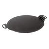 Seasoned cast iron pizza pan with two handles and a rimless design, handcrafted in the USA, ideal for kitchen, cookware, and cast iron collections.