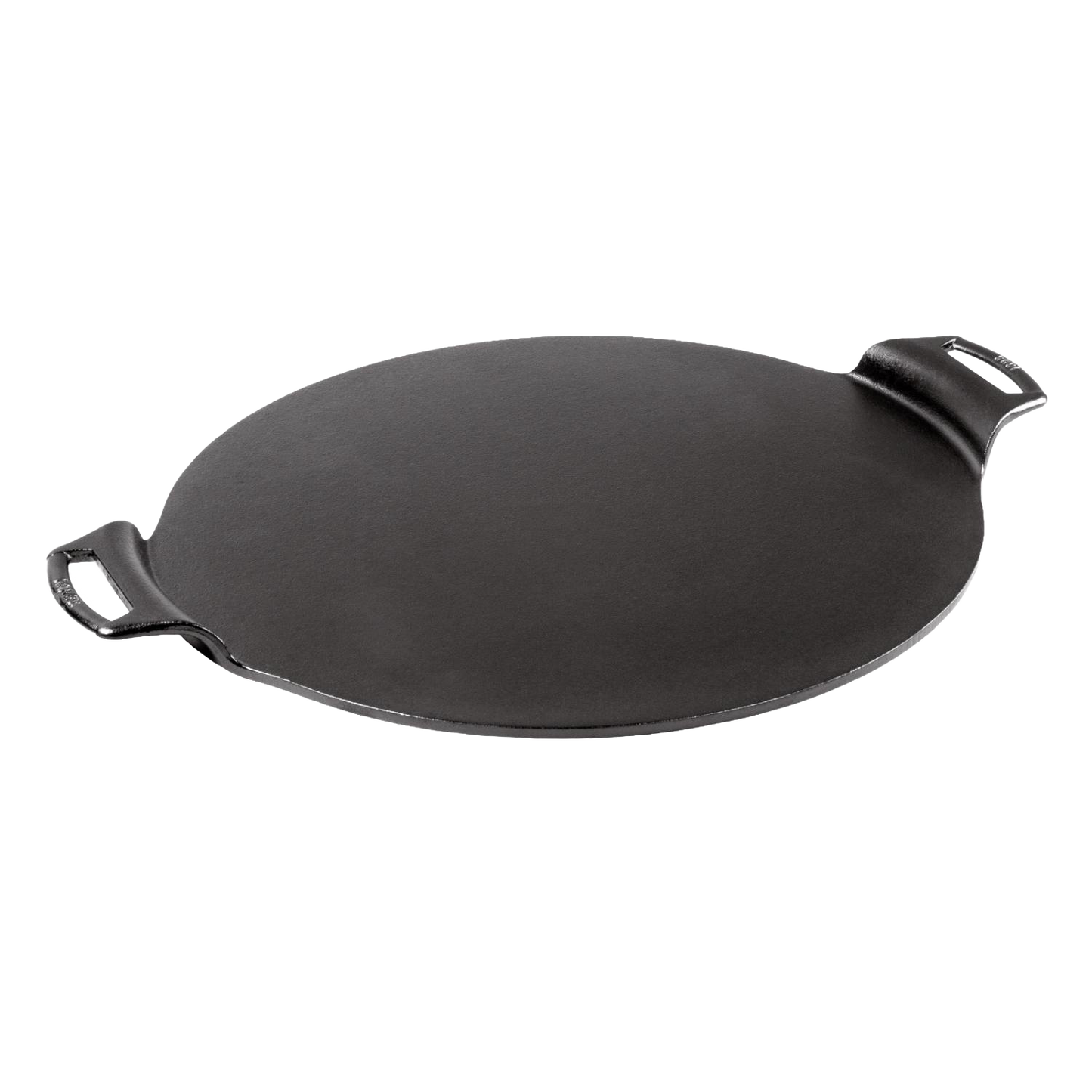 Seasoned cast iron pizza pan with two handles and a rimless design, handcrafted in the USA, ideal for kitchen, cookware, and cast iron collections.