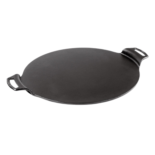 Seasoned cast iron pizza pan with two handles and a rimless design, handcrafted in the USA, ideal for kitchen, cookware, and cast iron collections.