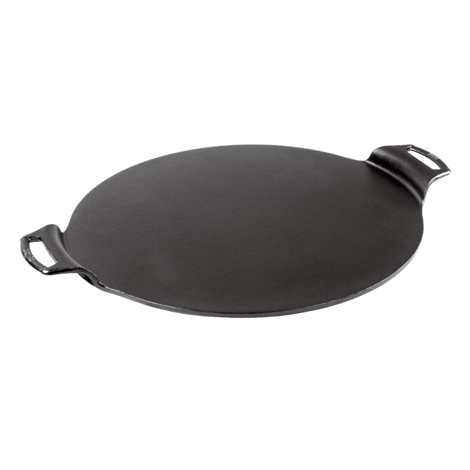 Seasoned cast iron pizza pan with two handles and a rimless design, handcrafted in the USA, ideal for kitchen, cookware, and cast iron collections.
