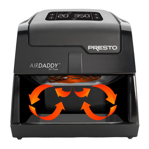 Compact digital air fryer in black with LED control panel, illustrating hot air circulation system, ideal for Kitchen & Food, Kitchen Gadgets, Cooking and Baking Helpers, Best Sellers, and Promo Eligible collections.