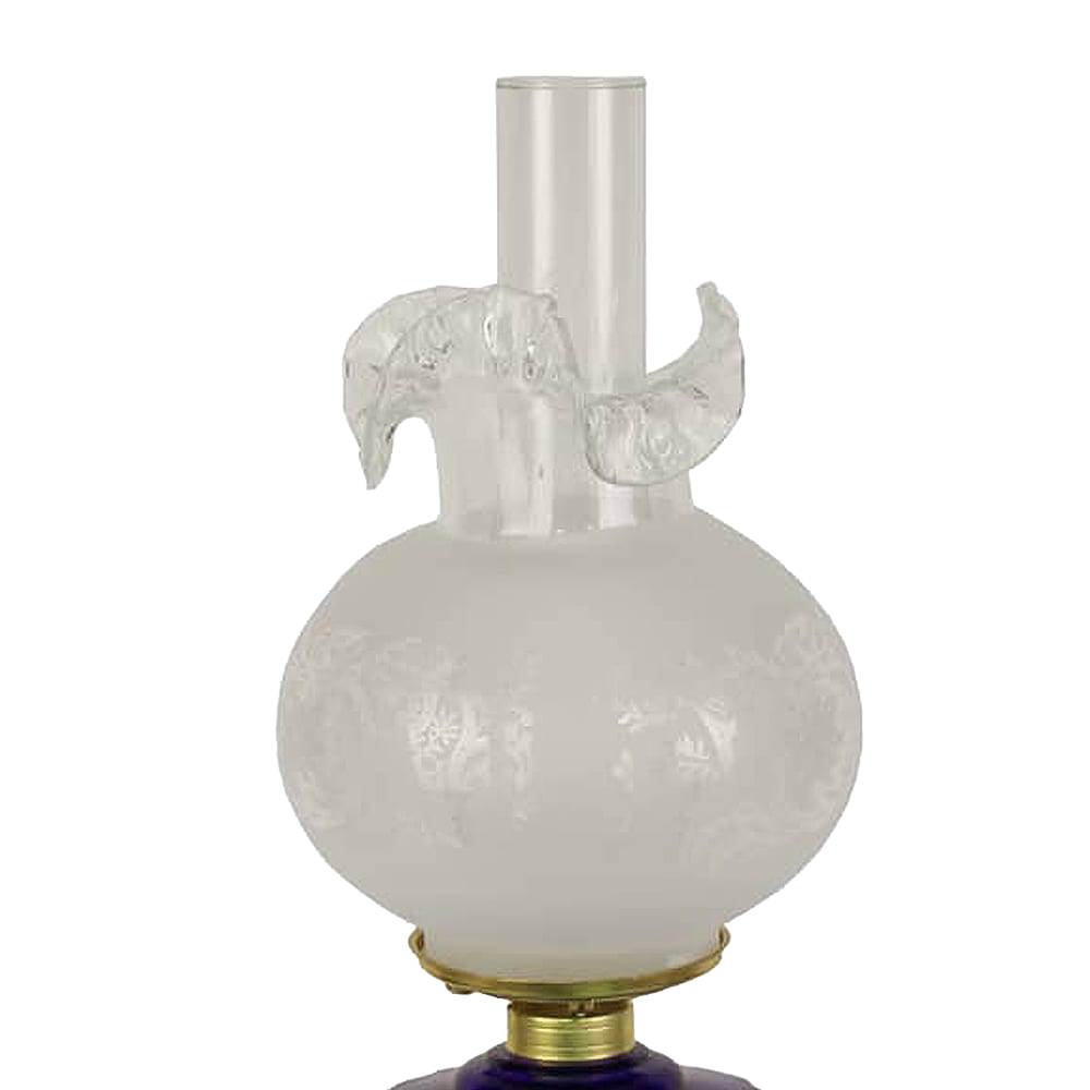 Unique handcrafted oil lamp with frosted etched glass font featuring an ornate feather design, a heavy brass-plated burner, and a clear glass chimney, ideal for Lamps & Lighting, Oil Lamps, Table Lamps, Best Sellers, and Promo Eligible collections.
