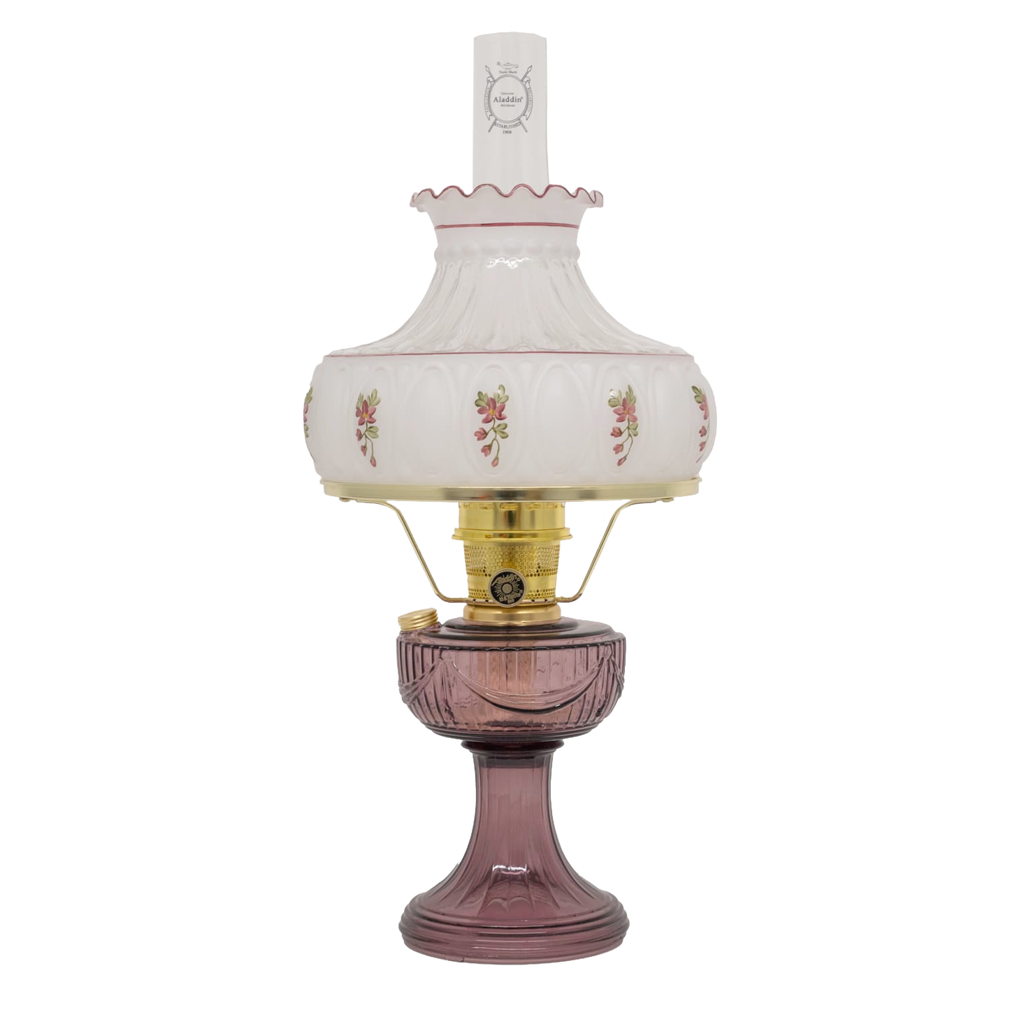 Antique-style glass oil lamp with a decorative rose-patterned shade and purple glass base, handcrafted and featured in Farm, Garden & Tool, Lamps & Lighting, Oil Lamps, Table Lamps, Best Sellers, Homesteading, and Promo Eligible collections.