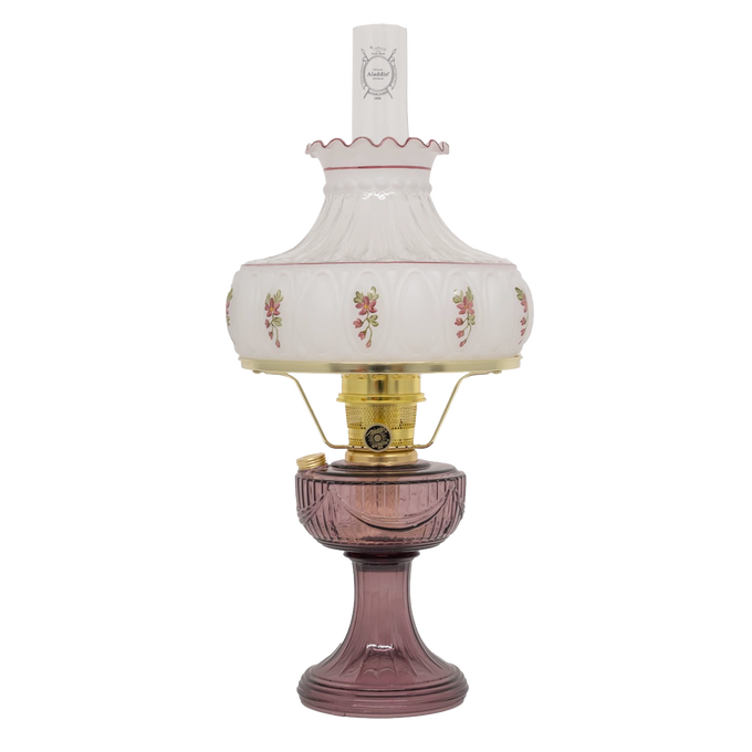 Antique-style glass oil lamp with a decorative rose-patterned shade and purple glass base, handcrafted and featured in Farm, Garden & Tool, Lamps & Lighting, Oil Lamps, Table Lamps, Best Sellers, Homesteading, and Promo Eligible collections.