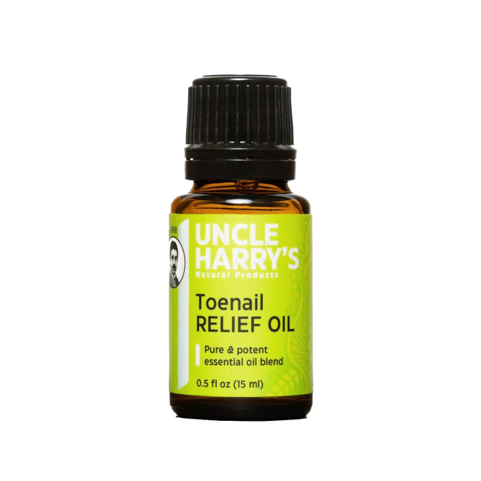 Amber glass bottle of handcrafted toenail relief oil made in USA, featuring a pure essential oil blend for natural foot care in health and grooming collections.
