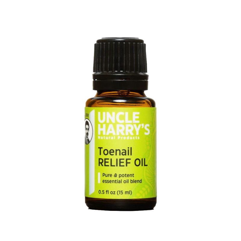 Amber glass bottle of handcrafted toenail relief oil made in USA, featuring a pure essential oil blend for natural foot care in health and grooming collections.