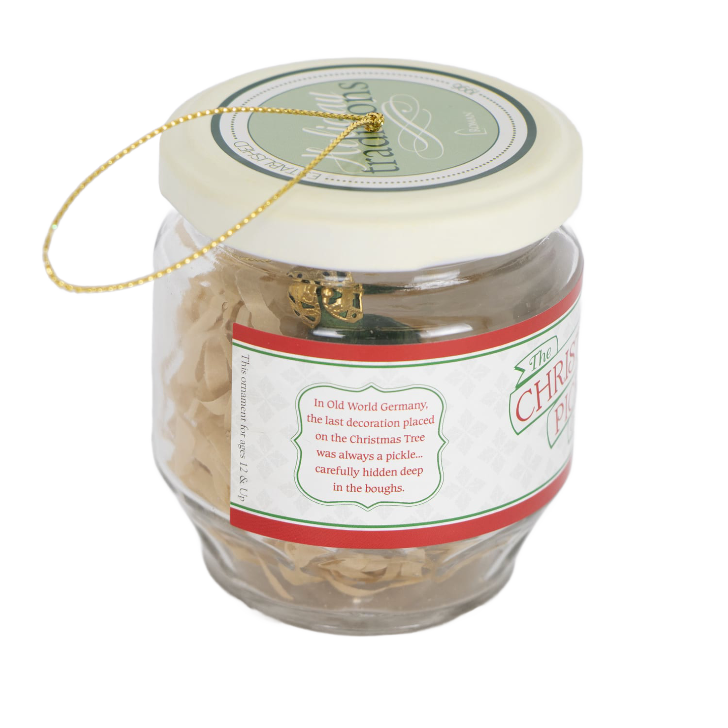 Small glass jar ornament with a replica pickle inside, featuring a decorative label explaining the Christmas pickle tradition, part of Home & Decor and Holiday Decor collections.