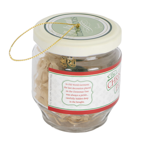 Small glass jar ornament with a replica pickle inside, featuring a decorative label explaining the Christmas pickle tradition, part of Home & Decor and Holiday Decor collections.