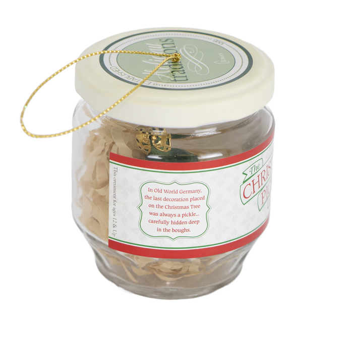 Small glass jar ornament with a replica pickle inside, featuring a decorative label explaining the Christmas pickle tradition, part of Home & Decor and Holiday Decor collections.