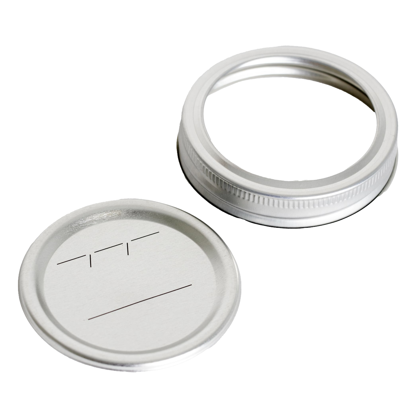 Silver-colored regular-mouth canning lid and metal band featuring BPA-free sealing compound and labeled with simple black lines, designed for Kitchen & Food and Food Preservation collections.