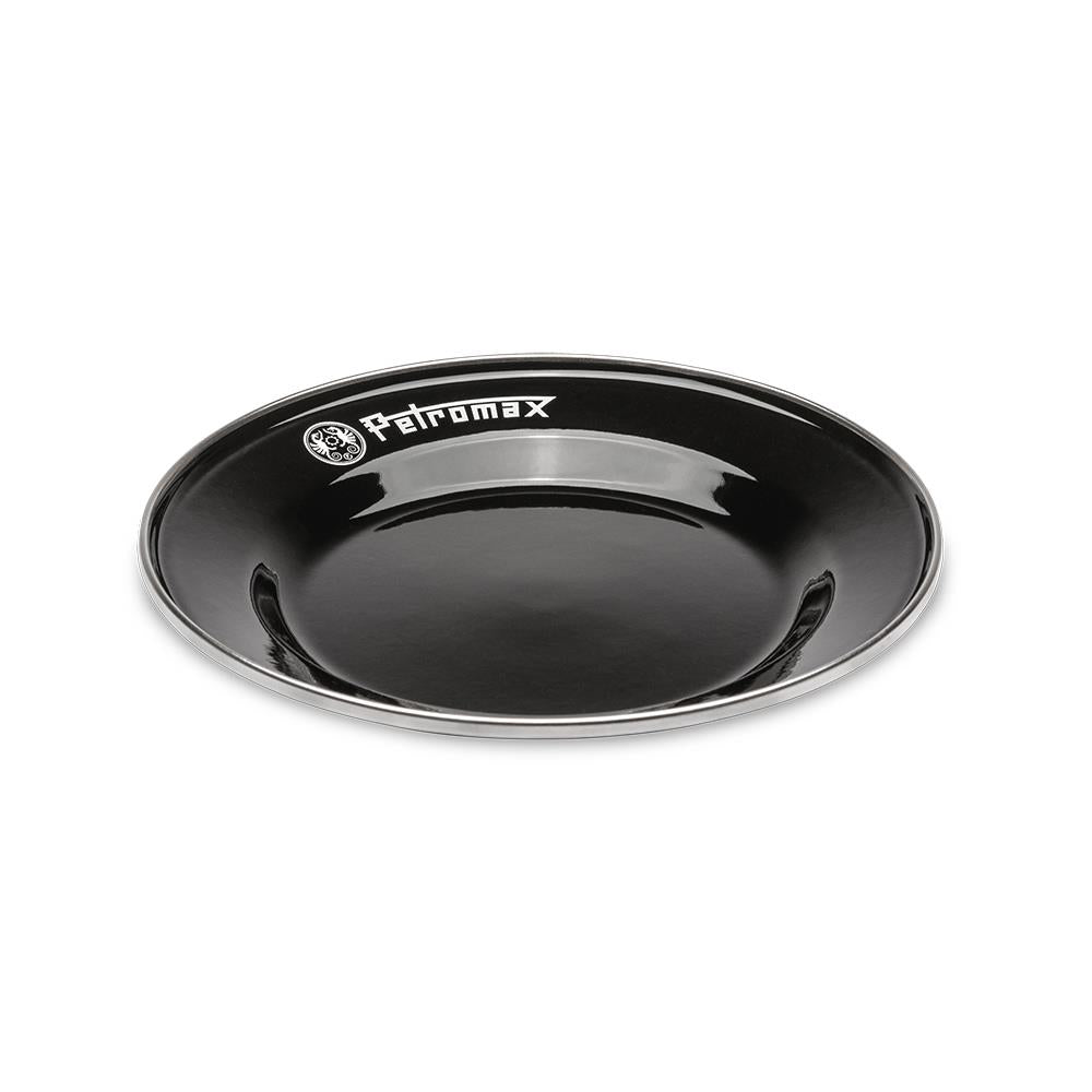 Single black enamel plate with white Petromax logo, durable and lightweight for outdoor use, ideal for Farm, Garden & Tool, Kitchen & Food, Camping, Dinnerware, Best Sellers, and Promo Eligible collections.
