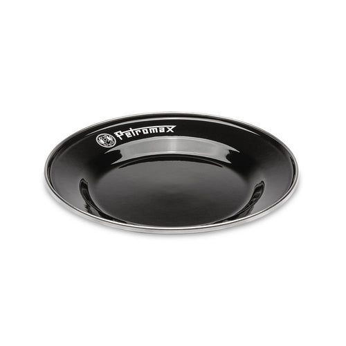 Single black enamel plate with white Petromax logo, durable and lightweight for outdoor use, ideal for Farm, Garden & Tool, Kitchen & Food, Camping, Dinnerware, Best Sellers, and Promo Eligible collections.