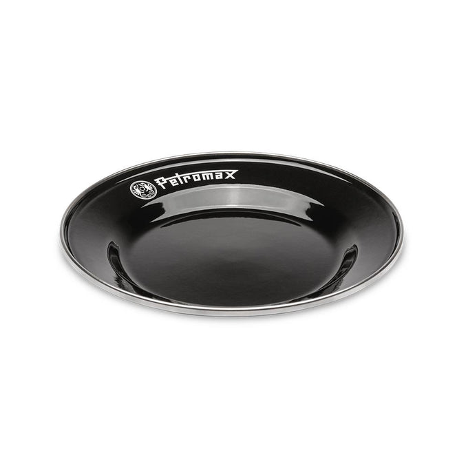 Single black enamel plate with white Petromax logo, durable and lightweight for outdoor use, ideal for Farm, Garden & Tool, Kitchen & Food, Camping, Dinnerware, Best Sellers, and Promo Eligible collections.