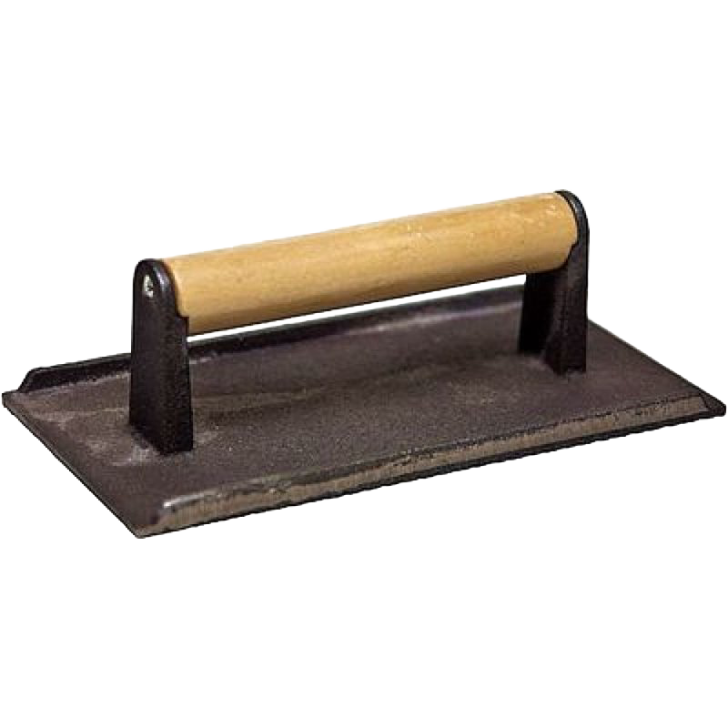 Cast iron rectangular press with a smooth hardwood handle, designed for flattening bacon and pressing steaks, featured in Kitchen & Food, Cookware, Cast Iron, and Best Sellers collections.