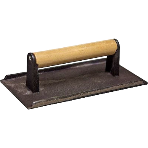 Cast iron rectangular press with a smooth hardwood handle, designed for flattening bacon and pressing steaks, featured in Kitchen & Food, Cookware, Cast Iron, and Best Sellers collections.