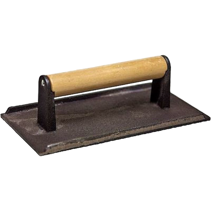 Cast iron rectangular press with a smooth hardwood handle, designed for flattening bacon and pressing steaks, featured in Kitchen & Food, Cookware, Cast Iron, and Best Sellers collections.