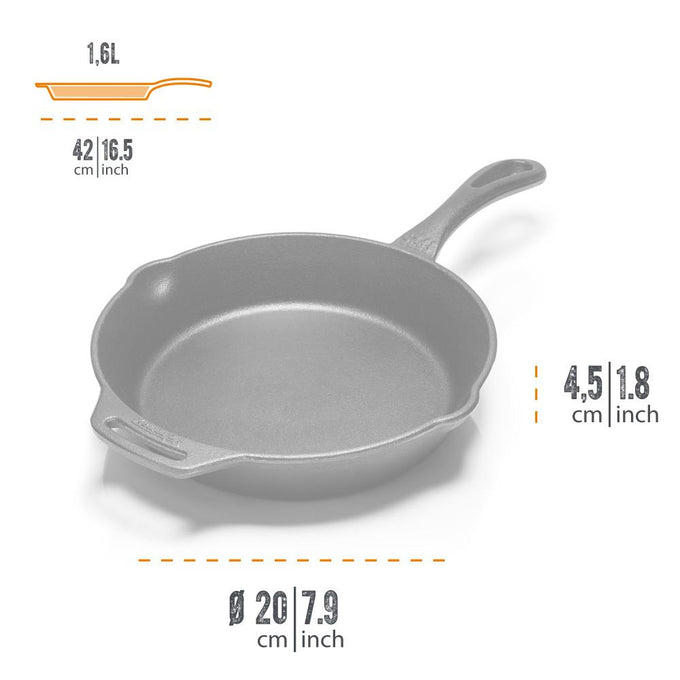 Compact cast iron skillet with long handle and helper grip, 1.6L capacity, ideal for Farm, Garden & Tool, Kitchen & Food, Camping, Cookware, Cast Iron, Best Sellers, and Promo Eligible collections.