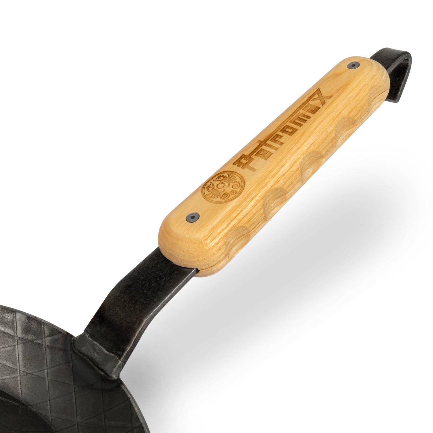Close-up of a smooth wooden handle designed for wrought iron pans, featuring ergonomic grooves and a secure metal attachment, ideal for Farm, Garden & Tool and Cooking collections.