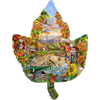Leaf-shaped jigsaw puzzle featuring a vibrant autumn landscape with colorful foliage, wildlife, a quaint schoolhouse, and distant mountains, handcrafted in USA and part of Toys, Books & Games, USA Made, Games and Puzzles, Puzzles, Best Sellers, and Promo Eligible collections.
