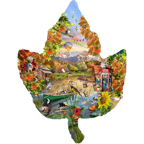 Leaf-shaped jigsaw puzzle featuring a vibrant autumn landscape with colorful foliage, wildlife, a quaint schoolhouse, and distant mountains, handcrafted in USA and part of Toys, Books & Games, USA Made, Games and Puzzles, Puzzles, Best Sellers, and Promo Eligible collections.