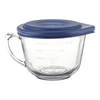 Clear thick-walled glass batter bowl with sturdy handle, blue lid, and measuring markings, handcrafted in the USA, ideal for Kitchen & Food, Cookware, Baking Supplies, and Storage collections.