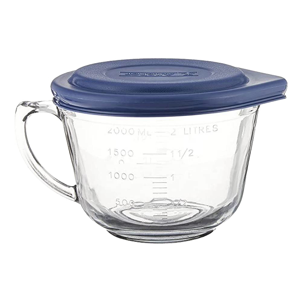 Clear thick-walled glass batter bowl with sturdy handle, blue lid, and measuring markings, handcrafted in the USA, ideal for Kitchen & Food, Cookware, Baking Supplies, and Storage collections.