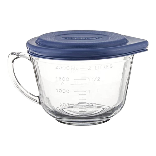 Clear thick-walled glass batter bowl with sturdy handle, blue lid, and measuring markings, handcrafted in the USA, ideal for Kitchen & Food, Cookware, Baking Supplies, and Storage collections.