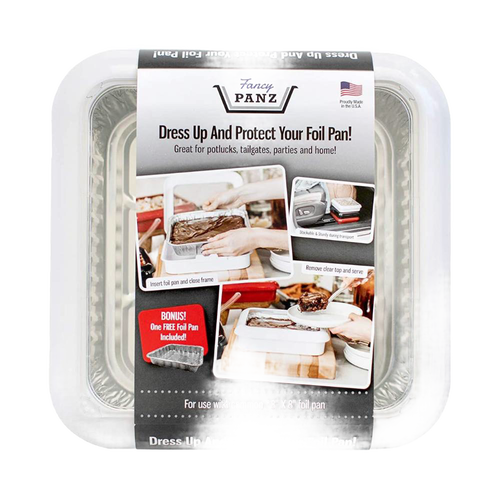 Clear travel cover for 8x8 foil pans with removable window, designed to protect and serve food easily, part of Kitchen & Food, Kitchen Gadgets, USA Made, and Best Sellers collections.